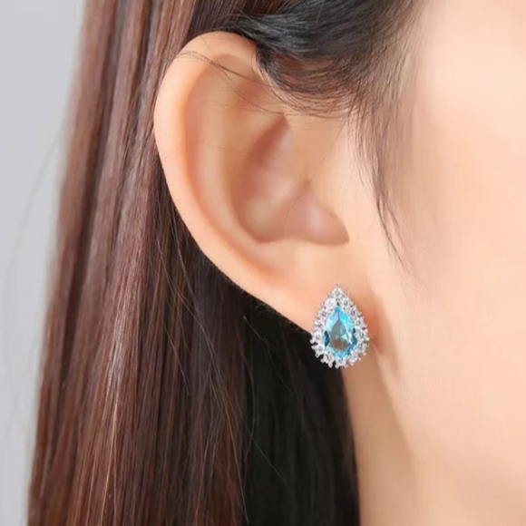 🎀925 Aquamarine Diamond Teardrop Studs - Picture 5 of 6